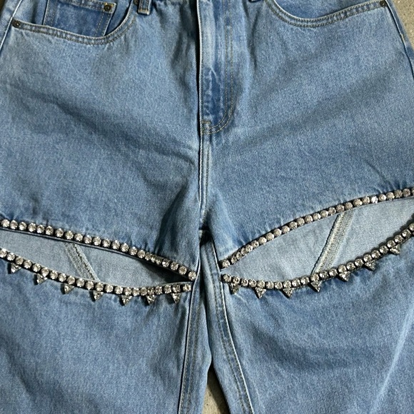 AREA Denim Straight Leg Jeans Slit Crystals Ankle - Picture 2 of 15